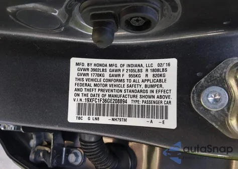2016 Honda Civic Ex-T from USA, damaged, VIN 19XFC1F36GE208894